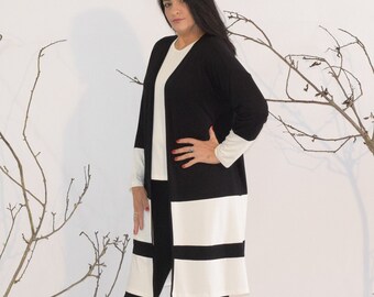 Cardigan and Matching Top For Women, Plus Size Jersey Open Front Cardigan Set, Sizes L - 6X, Black and White-Off
