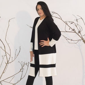 Cardigan and Matching Top For Women, Plus Size Jersey Open Front Cardigan Set, Sizes L - 6X, Black and White-Off