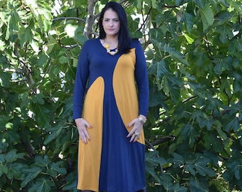 Plus Size Bicolor Midi Dress, Women’s Long Sleeve Stretch Jersey Dress, L - 6XL, Navy Blue and Yellow, 3 Color Schemes available