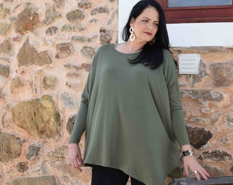 Asymmetrical Plus Size Jumper, Pullover, Sweater Cristina - Elastic Fine Jersey -L to 7XL