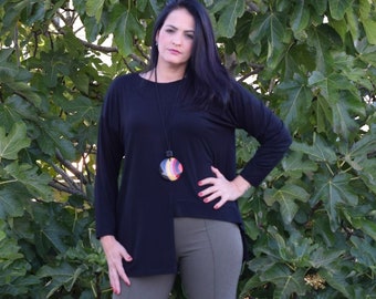 Black Tunic SARA / Plus Size Clothing / Asymmetrical Tunic / Long arm Tunic / Plus Size Tunic / Tunic with pockets