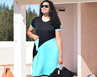 Two-tone Midi dress with short sleeves, Plus Size Summer Dress with Pocket, Sizes L to 6XL, Dress Rosa2