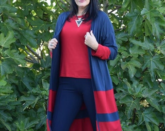 Strickjacke und passender Pulli für Damen, Offene Jacke in Finejersey in Plus Size, Größen L - 6X, Marineblau und Rot