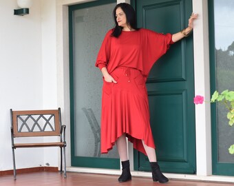 Set asymmetrischer Plus Size Midi Rock mit Oberteil, L - 5XL, in 6 Farben erhältlich, 2-teiliges Boho Outfit, Rotes Kleidungsset
