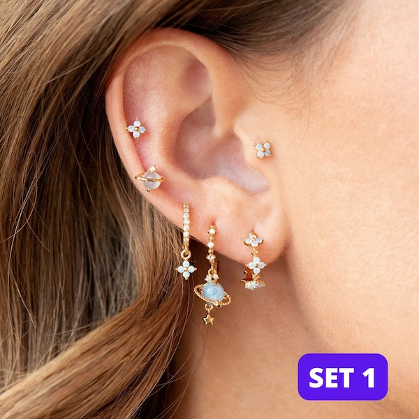 Gold Earrings Set for Multiple Piercings - Dainty Studs, Dangles, and Hoops