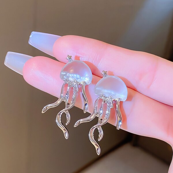 Oceanic Blue Jellyfish Dangle Earrings, Handcrafted Sterling Silver Sea Creature Earrings, Iridescent Jellyfish Drop Earrings, Unique Gift