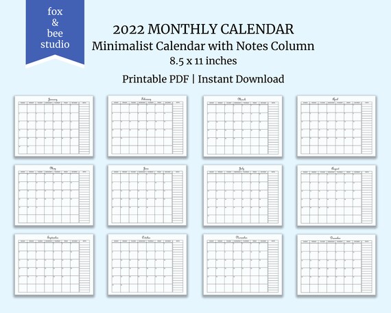 monthly calendar simple calendar 12 month calendar 2022 etsy