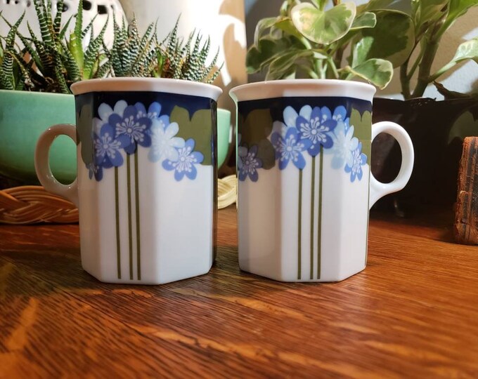 Porsgrund Norway "Blue Anemone" Octavia Shaped Tea Cups
