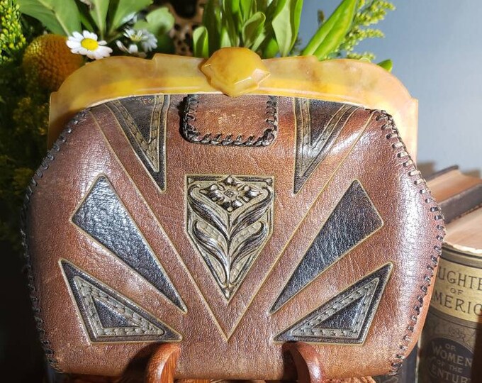 Antique Arts & Crafts Leather Handbag Amity c early 1900s - 1930s