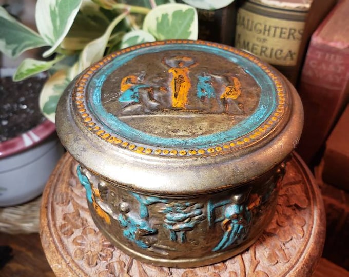 Vintage Painted Brass Trinket Box with Colorful Village Scene Reliefs