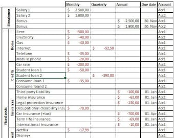 Financial planning in Excel in English to examine your financial situation, track entries and expenses, and create budgets