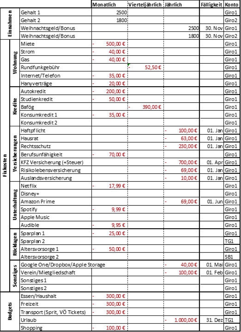 German tool for financial planning in Excel to examine your financial situation, track entries and expenses and create budgets image 1