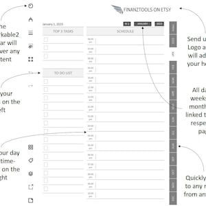 Könnte beinhalten: Ein schwarz-weißer druckbarer Planer mit einer grauen Seitenleiste. Die Seitenleiste hat Abschnitte für "Top 3 Tasks" und "To Do List". Der Hauptteil des Planers ist ein Monatskalender mit einem Zeitplan für jeden Tag. Der Planer ist für die Verwendung mit dem Remarkable 2 Tablet konzipiert.