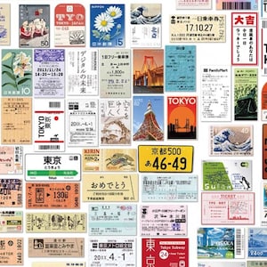 May include: A collection of colorful vintage Japanese travel tickets, train passes, and stickers. The tickets feature Japanese text, images of landmarks, and transportation symbols. The stickers include a red and white Japanese flag, a wave design, and a penguin.