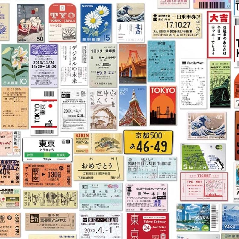 May include: A collection of colorful vintage Japanese travel tickets, train passes, and stickers. The tickets feature Japanese text, images of landmarks, and transportation symbols. The stickers include a red and white Japanese flag, a wave design, and a penguin.