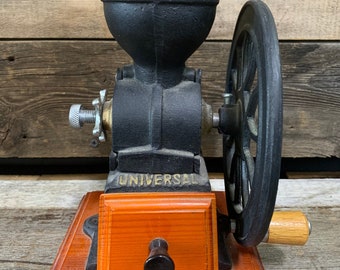 Universal, Cast Iron & Wood, Single Wheel, Hand Crank Coffee Grinder