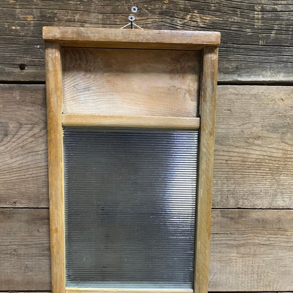 Antique Wash Board, Ribbed Glass & Wood, 17" Tall