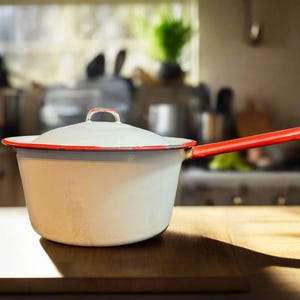 Enamelware, 4.25&quot; x 4&quot; Saucepan & Lid, White with Red Trim, Rustic Farmhouse