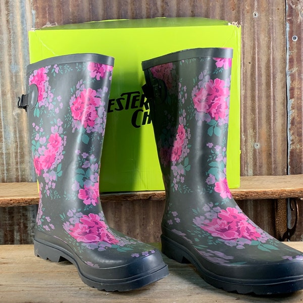 Western Chief, Waterproof Rain Boots, Charcoal, Floral Home, Size 11, NIB