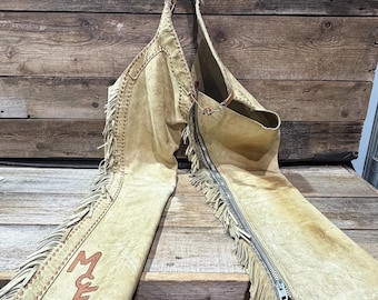 Chaparreras de piel de ante vintage, hechas a medida con flecos, talla pequeña para jóvenes.