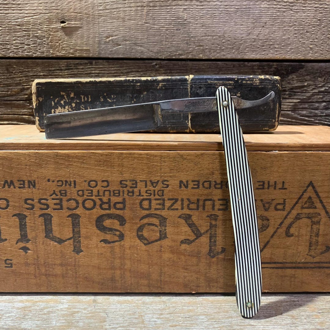 Antique Genco Straight Razor With Box, Black & White Stripe Handle - Etsy