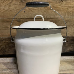 Vintage Enamelware, 2 Gallon Chamber Bucket & Lid, White with Black Trim