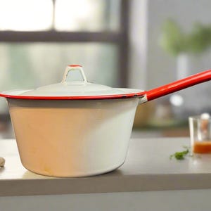 Enamelware, 5&quot; x 4.5&quot; Saucepan & Lid, White with Red Trim, Rustic Farmhouse