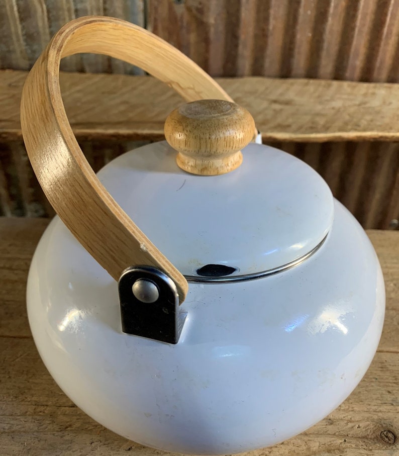 Vintage Enamelware Teapot, White With Wood Handles Etsy