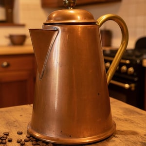 Puede incluir: Una cafetera de cobre con asa y pomo de latón sobre una superficie de madera. La cafetera tiene un pico triangular y un cuerpo cónico. Granos de café esparcidos alrededor de la base de la cafetera.