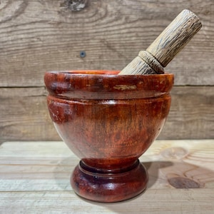 Vintage thailändskt trä, 10,5 x 10,5 cm mortel och stöt