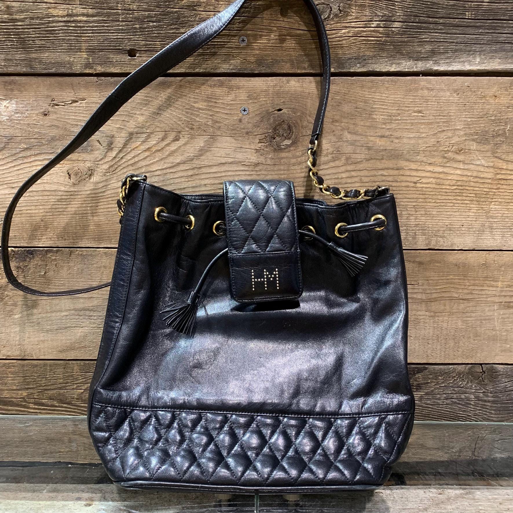 Hanae Mori, Black Quilted Lambskin Leather, Drawstring 