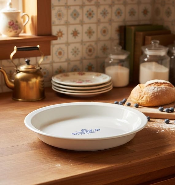 blue cornflower corningware pie plate white