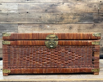 1970s-80s Chinoiserie-Style Wicker & Rattan Trunk, Brass Hardware