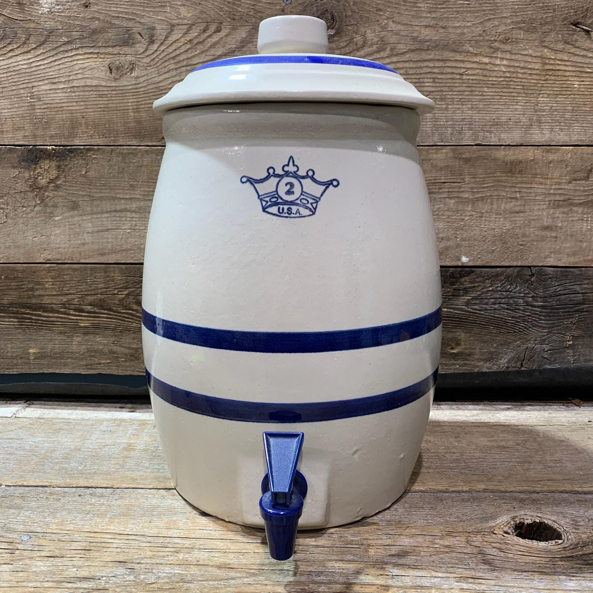 Robinson Ransbottom, 2 Gallon Stoneware Drink Cooler, Blue Crown