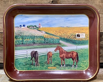 1970s RBA Seed Co., Metal Serving Tray, Horses in Farm Field, 12.5"