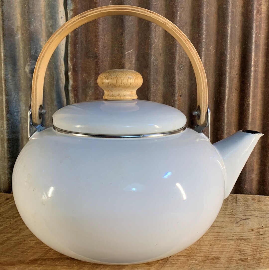 Vintage Enamelware Teapot, White With Wood Handles Etsy