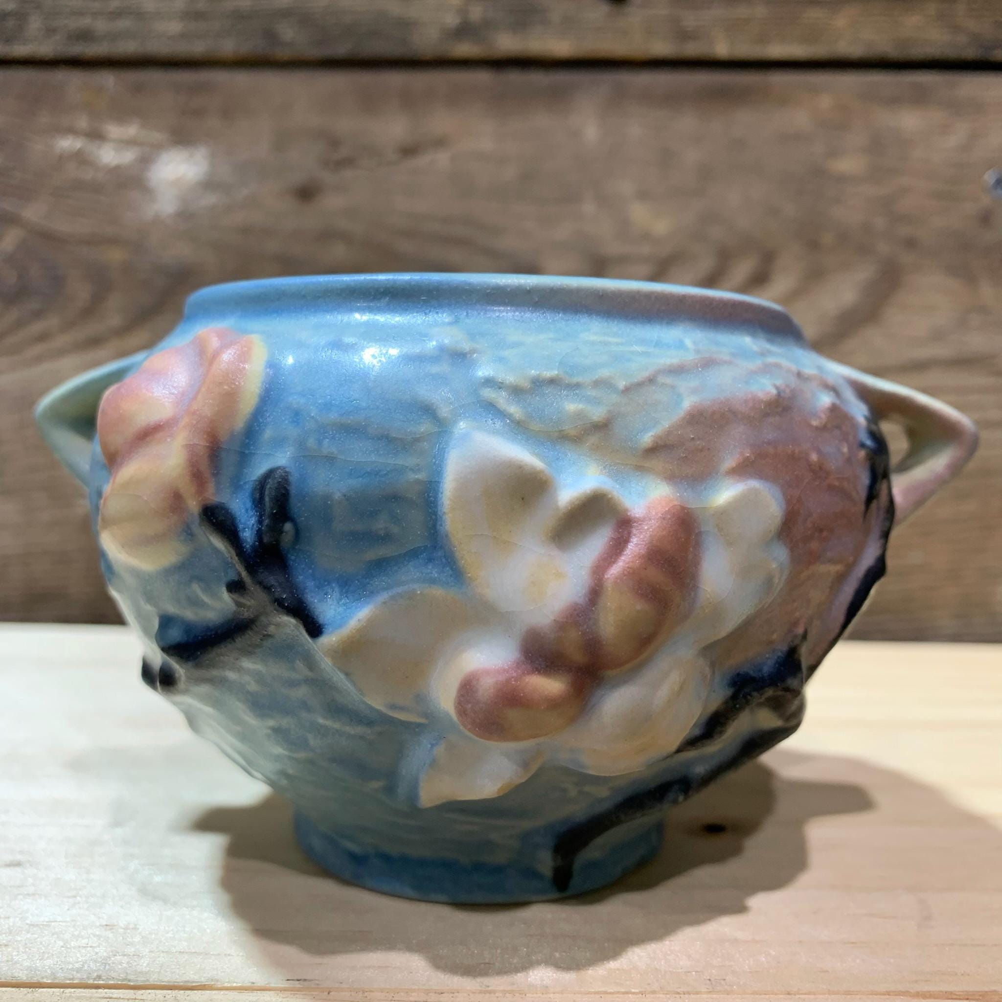 1940s Roseville Pottery, Jardiniere, Magnolia Blue, Double Handled