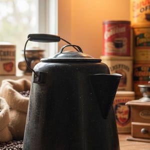 May include: A black speckled enamel coffee pot with a lid and handle. The pot has a spout and sits on a wooden surface. Coffee beans and vintage coffee tins are in the background.