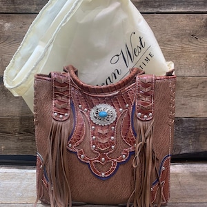 American West、本革製コンシールキャリーハンドバッグ、財布付き、ブラウンフリンジ