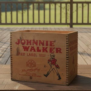 May include: Wooden crate with the text "JOHNNIE WALKER RED LABEL SCOTCH WHISKY" in red. The crate features an illustration of a man in a red coat and a top hat. The text "John Matharthay, DISTILLERS, KILKARROCE SCOTLAND" is also visible.