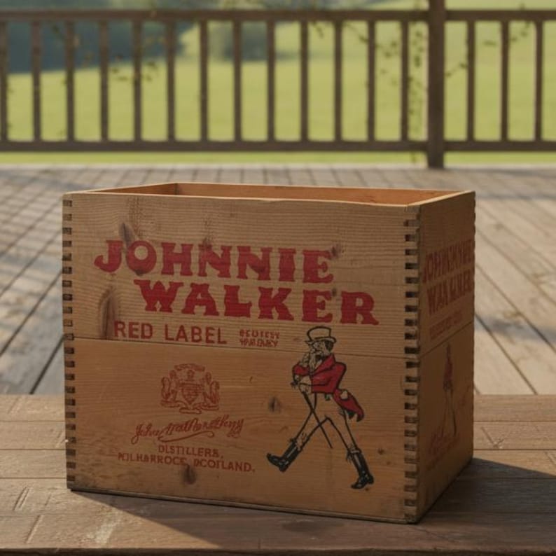 May include: Wooden crate with the text "JOHNNIE WALKER RED LABEL SCOTCH WHISKY" in red. The crate features an illustration of a man in a red coat and a top hat. The text "John Matharthay, DISTILLERS, KILKARROCE SCOTLAND" is also visible.