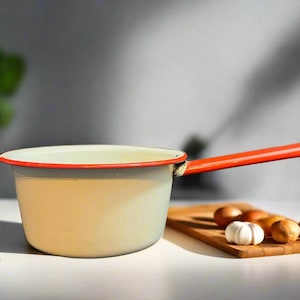 Enamelware, 4&quot; x 3&quot; Saucepan, White with Red Trim, Rustic Farmhouse