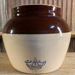 Two-tone Glazed 3 Quart Bean Crock / Single Handle Blue Crown Pottery 3 Qt.  Crock / Primitive Ransbottom Crock / French Canadian Bean Pot 