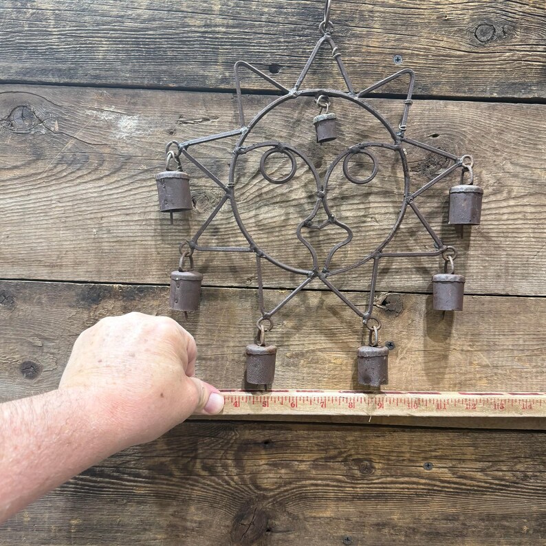 Handcrafted Rustic Sun Wind Chime, Cow Bells, 15