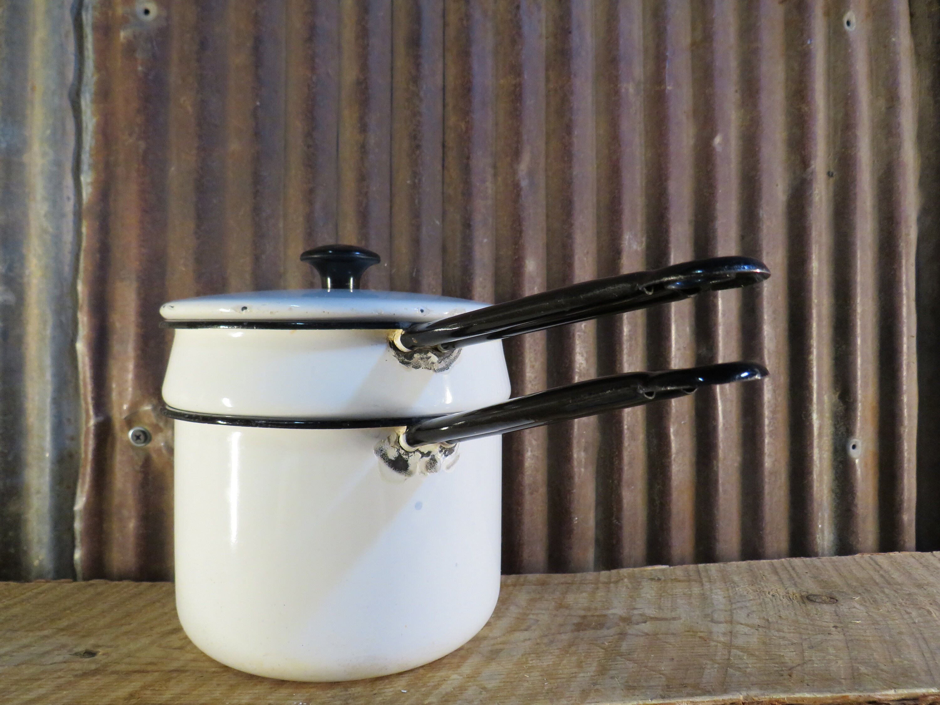 Vintage Enamelware Double Boiler Pans White With Black Trim Etsy
