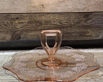 Vintage Pink Glass, Tidbit Tray, Etched Floral Ballerina