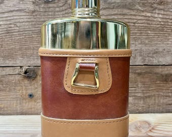 Travel Flask, Gold Tone, Glass Flask with Leather Case, 7.5"
