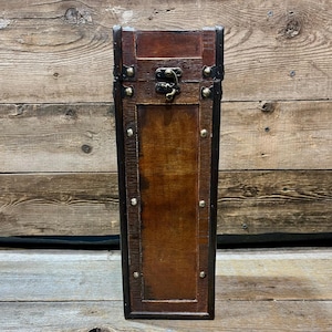 Medieval Wood Wine Box, Carrier with Swing & Brass Clasp, 14&quot;