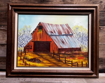 Framed Canvas Oil Painting, Red Barn, by Evelyn