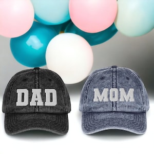 Mom & Dad Embroidered Dad Hat Cap, Pregnancy Baby Announcement Gift Mom Dad to Be, Washed Out Vintage Baseball Cap Father's Day Mother's Day